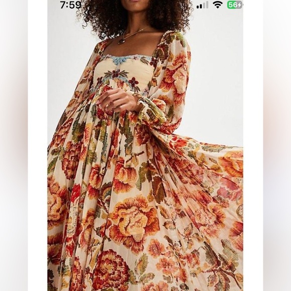 Free People Timeless Tapestry Tiered Bishop Sleeve Maxi Dress